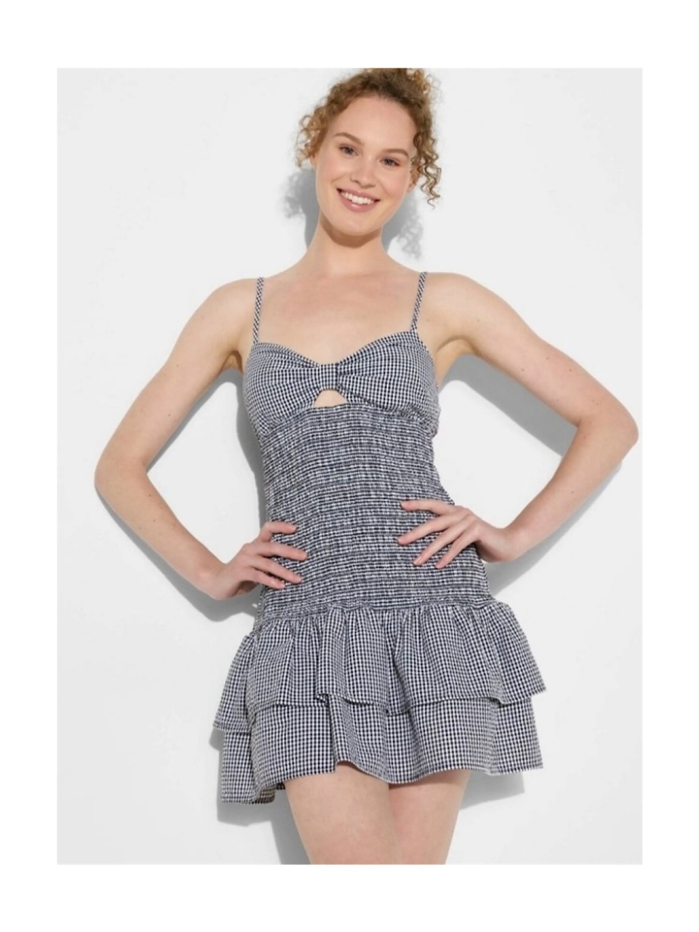 Wild Fable Game Day Smocked Gingham Mini Skater Dress (Black/White - Medium)